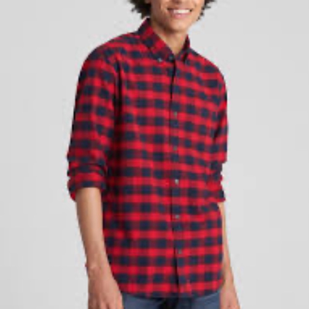 Gap Men’s Red & Navy Plaid Flannel Button Down Long Sleeve Shirt Size Large